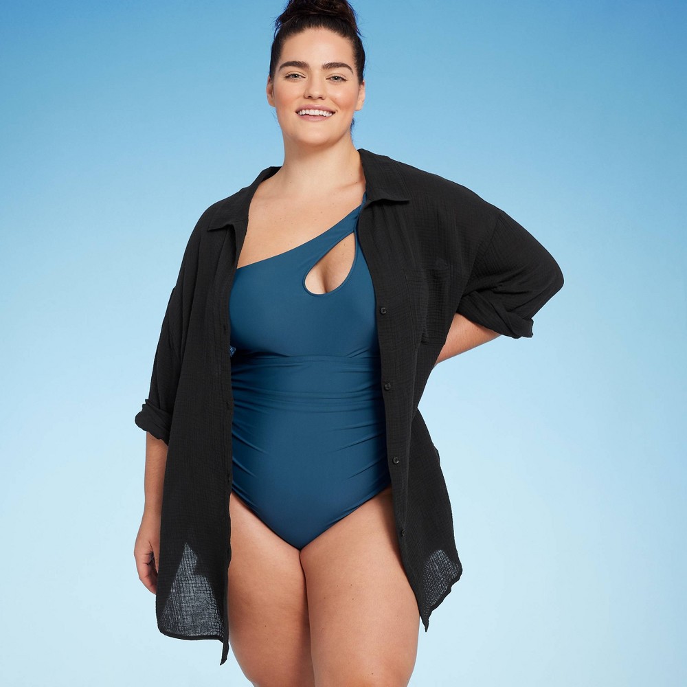 Women's Button-Up Cover Up Shirtdress - Shade & Shore™ Black 1X