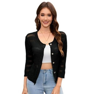Coolmee Women's 3/4 Sleeve Crochet Knit Button Down Cardigan Cropped Shrug Bolero Lightweight Sweaters Tops - 1 of 4
