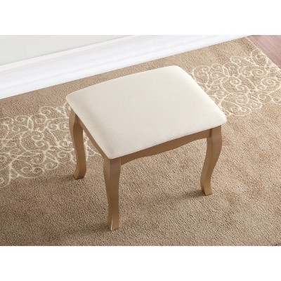 Gold Wood Vanity Table with Upholstered Bench and Mirror
