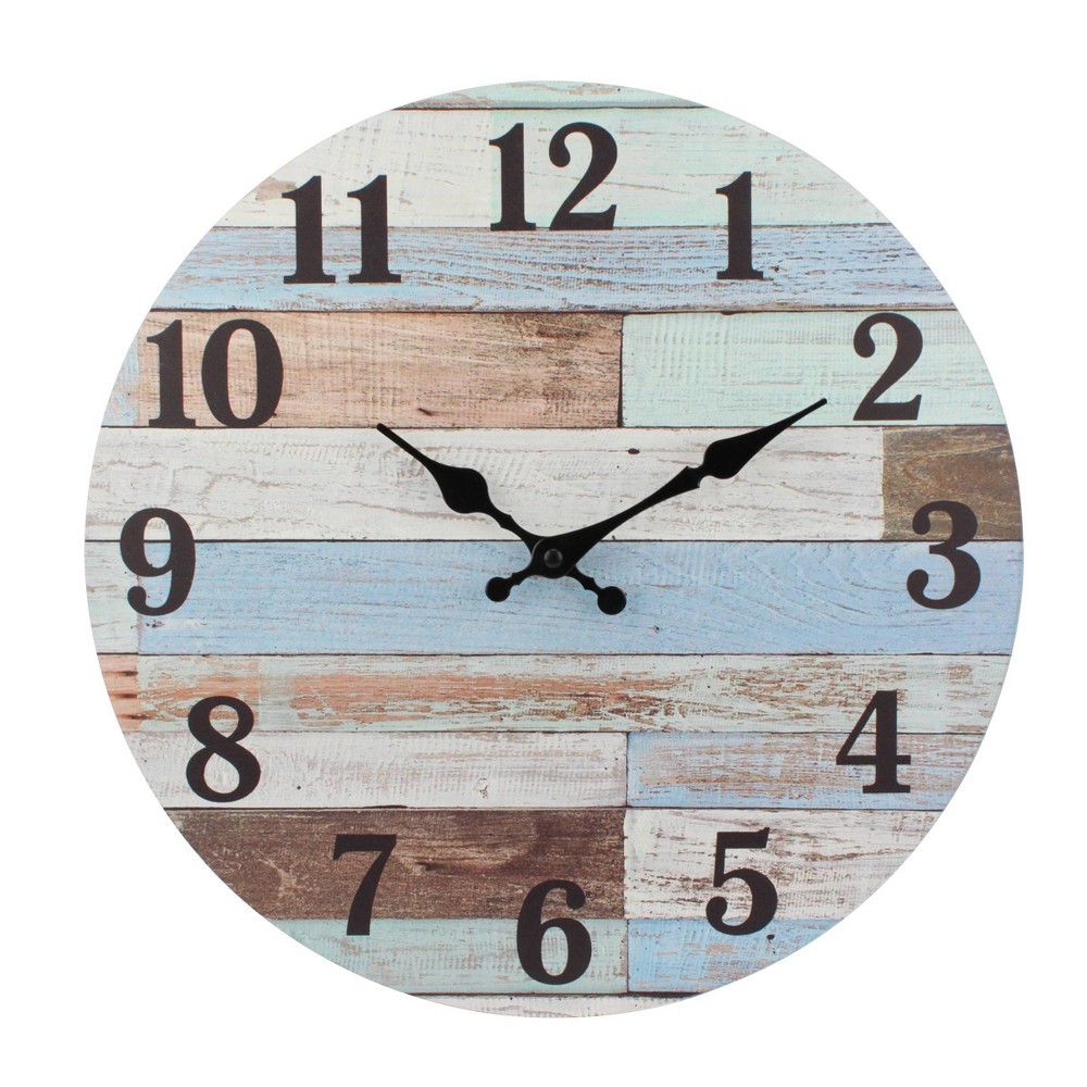 Photos - Wall Clock 14" Coastal Worn Wood  Blue/White - Stonebriar Collection: Vinta