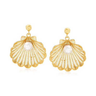 Ross-Simons Italian Cultured Pearl Seashell Drop Earrings in 18kt Gold Over Sterling Silver