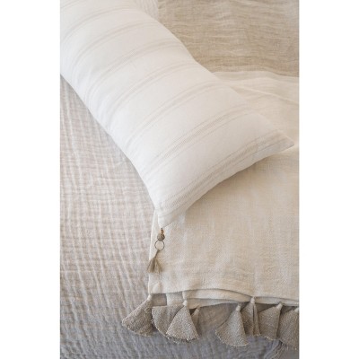 White and Beige Embroidered Linen Lumbar Pillow 15x30