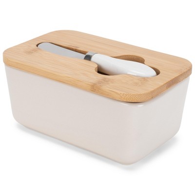 Nat & Jules Matte Cream 6.5 x 4 Ceramic and Bamboo Butter Dish With Knife Lid