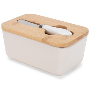 Nat & Jules Matte Cream 6.5 x 4 Ceramic and Bamboo Butter Dish With Knife Lid - 1 of 4