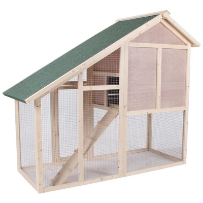 Natural Wood 2-Tier Guinea Pig Hutch with Ramp and Roof