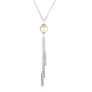 ELYA Women's Faux Pearl Stainless Steel Bar Tassel Drop Necklace - 1 of 4