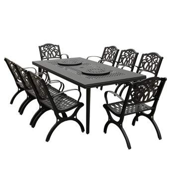9pc Outdoor Dining Set with  84" Modern Ornate Mesh Aluminum Large Rectangular Table & Luxury Chairs - Black - Oakland Living