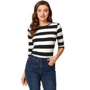 INSPIRE CHIC Women's Elbow Sleeves Boat Slim Fit Casual Stripe Animal Print Multi Floral Pattern T-Shirt - 1 of 4