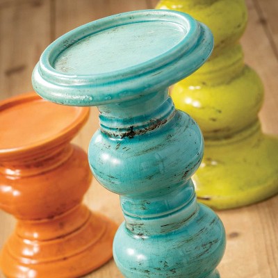 Colorful Ceramic Pillar Candle Holders with Bubble Stem, Set of Three