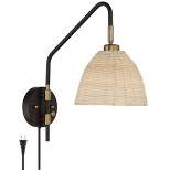 Barnes and Ivy Coastal Swing Arm Adjustable Wall Lamp Deep Bronze Brass Plug-In Light Fixture Natural Rattan Dome Shade Bedroom