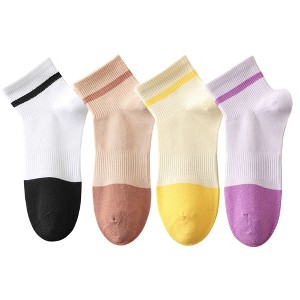 Anna-Kaci 4 Pairs Women's Seamless Cotton Ankle Socks Breathable Stretch Ribbed Cuff in Assorted Color Block Design - 1 of 4