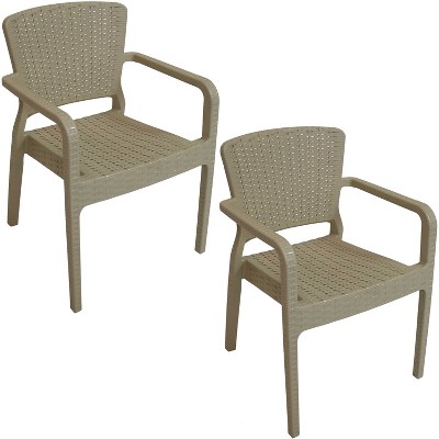 Sunnydaze Faux Wicker Rattan Design Plastic All-Weather Commercial-Grade Segonia Indoor/Outdoor Patio Dining Arm Chair, Tan, 2pk