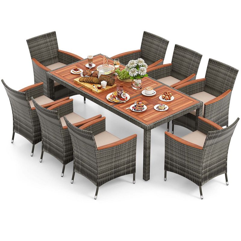Costway 9 Pieces Outdoor Wicker Dining Set with Acacia Wood Table and 8 Armchairs, 2 of 11