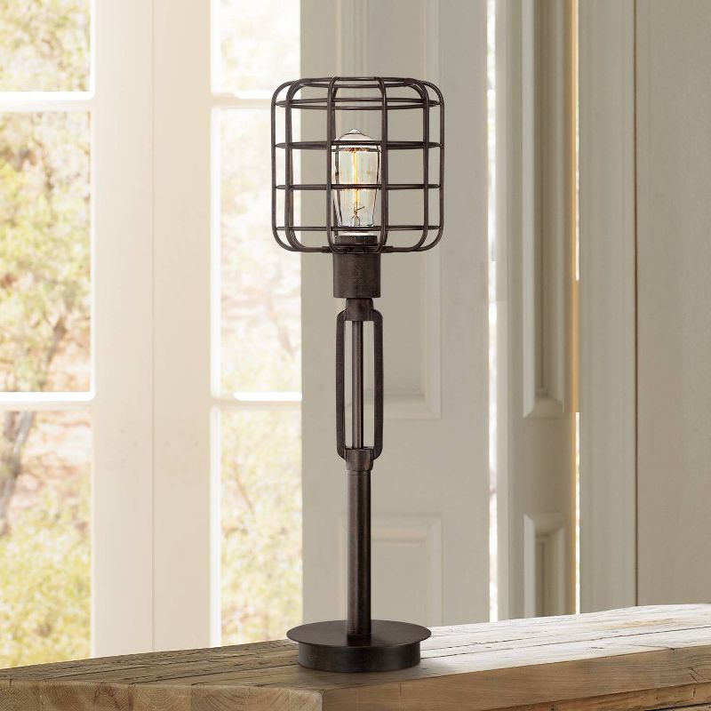 Franklin Iron Works Industrial Rustic Farmhouse Table Lamp 24" High Bronze Metal Cage Shade for Bedroom Living Room House Bedside Nightstand Office, 2 of 9