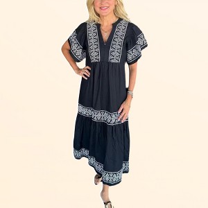 Clearlove Short Sleeve Sundress Tiered Peasant Dress Flutter Sleeve Kraftan  Style Neckline Maxi Boho Dress Notched Neck Vacation Dress, Black - XL :  Target