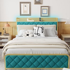 King Size Bed Frame with Charging Station, Upholstered Headboard and Footboard, Platform Bed Frame King with Storage Headboard,Metal Slat Support - 1 of 4