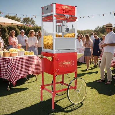 LOVSON Red popcorn cart equipped with a 20-ounce stainless steel pot, heating lamp and accessories, suitable for parties and commercial venues