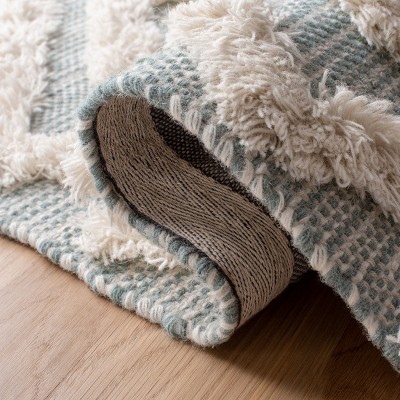 Aqua and Ivory Geometric Wool Hand-Knotted 4' x 6' Rug
