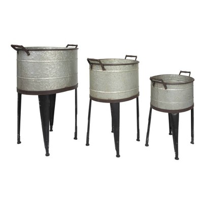 Storied Home Metal Buckets with Handles On Stand - Set of 3 : No Drainage, Rustic Silver Planters