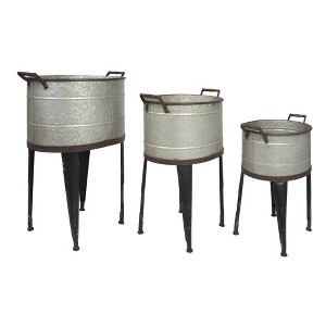 Storied Home Metal Buckets with Handles On Stand - Set of 3 : No Drainage, Rustic Silver Planters - 1 of 4