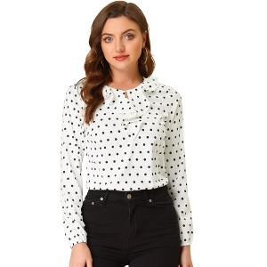 Allegra K Women's 1950s Vintage Ruffle Neck Long Sleeve Dots Chiffon Blouse - 1 of 4