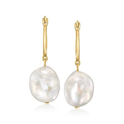 Ross-Simons 12-13mm Cultured Pearl Hoop Drop Earrings in 18kt Gold Over Sterling