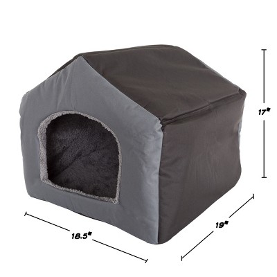 Small Gray Canvas House-Shaped Pet Bed with Sherpa Lining