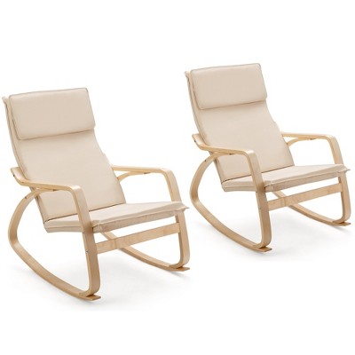 Costway Set of 2 Bentwood Rocking Chair Relax Rocker Lounge Chair w/Fabric Cushion Gray\ Beige