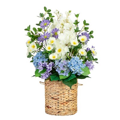 Nearly Natural 31-in Artificial Mixed Flower & Hydrangea Arrangement in Hyacinth Weave Basket