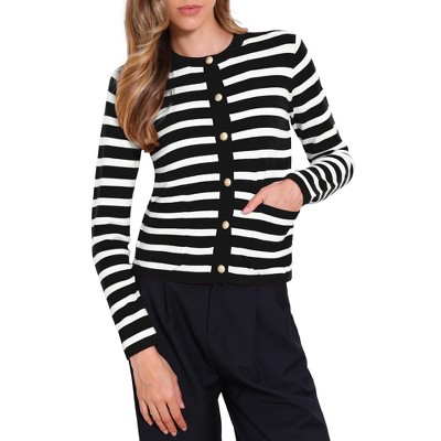 INSPIRE CHIC Women's Button Down Long Sleeve Crew Neck Color Block Striped Crop Sweater