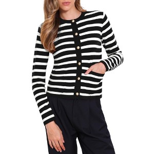 INSPIRE CHIC Women's Button Down Long Sleeve Crew Neck Color Block Striped Crop Sweater - 1 of 4