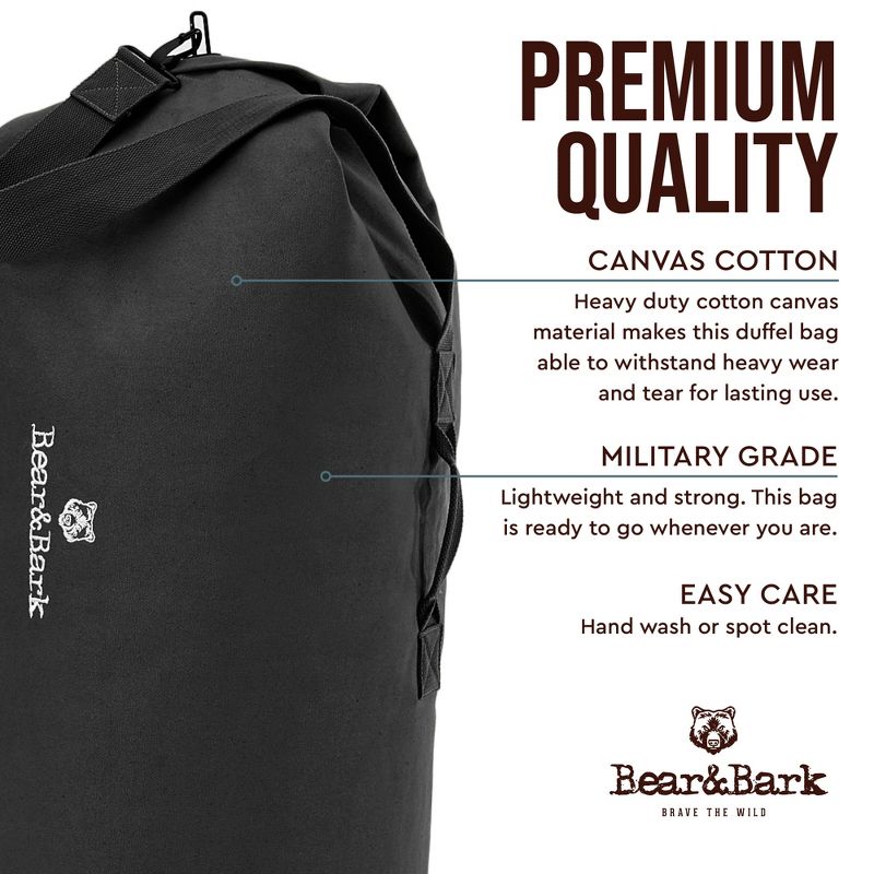 Bear & Bark Top Load Duffle Bag - Black 48x30" - 110.7L - Extra Large Canvas Military and Army Cargo Style Carryall Duffel for Men and Woman, 4 of 5