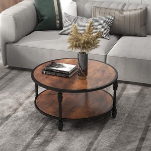 GustoWave Small Round Table, 2 Tier Center Table with Storage Shelf & Metal Frame for Living Room, Bedroom, Home Office, Rustic Brown - 1 of 4