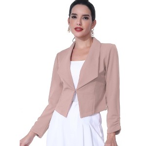 INSPIRE CHIC Women's Regular Fit Notched Lapel Ruched Sleeve Business Crop Blazer - 1 of 4