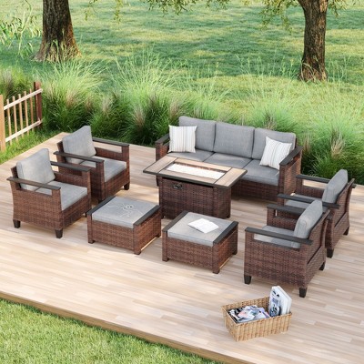 Sonkuki 8 Pieces Patio Sofa with Rectangle Fire Pit Table and Ottomans, Patio Conversation Couch with Cushion