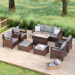Sonkuki 8 Pieces Patio Sofa with Rectangle Fire Pit Table and Ottomans, Patio Conversation Couch with Cushion - 1 of 4