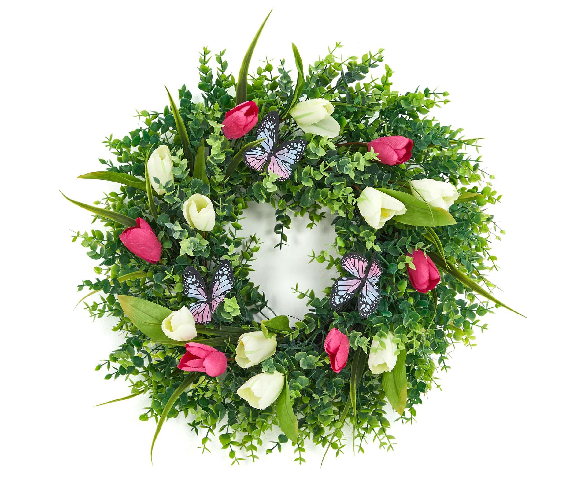 18" Spring Tulip Wreath with Butterflies, Artificial Tulip Floral Wreath with Eucalyptus for Porch Summer Easter Indoor Outdoor Home Decoration