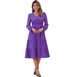 INSPIRE CHIC Women's V Neck Lantern Sleeve Ruffle Flowy A-Line Elegant Midi Dress - 1 of 4