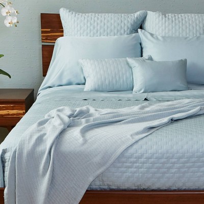 King Sky Blue Reversible Bamboo Quilted Coverlet Set