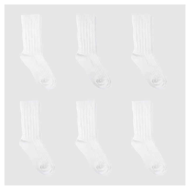 Girls' 6pk Cable Crew Socks - Cat & Jack™ White, 1 of 4