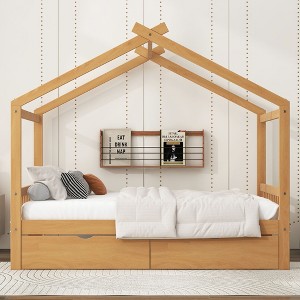 CAVINAS Twin Size Platform Bed Modern House-Shaped Pine Bed Frame with Roof, Headboard and Footboard for Bedroom - 1 of 4
