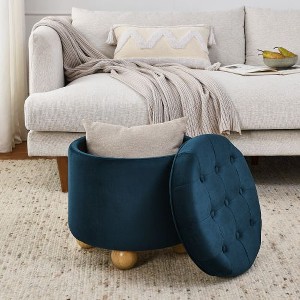 CAVINAS Round Storage Ottoman with Reversible Tray Top, Multi-Functional Round Linen Button Ottoman, Ottoman with Storage Space - 1 of 4