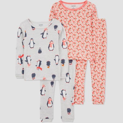 Image of Carter's Just One You® Toddler Girls' 4pc Snug Fit Cotton Long Sleeve Penguin and Floral Pajama Set - Orange/Gray 2T