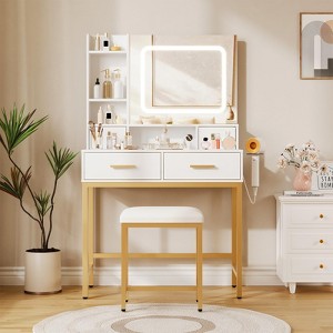 Vanity Desk with Mirror and Lights, Makeup Vanity with 4 Drawers, 2 Shelves, 3 Light Modes - 1 of 4