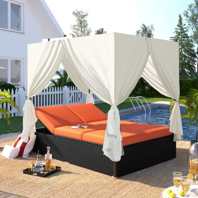 YOOCOZZ Outdoor PE Rattan Rectangle Sunbed & Daybed with Curtains and Adjustable Seats