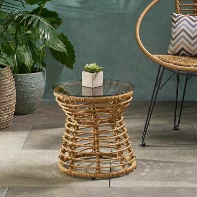 15.5'' Small Round Brown Rattan Side Table with Tempered Glass Top,Boho Outdoor Woven End Table for Patio or Porch-The Pop Home