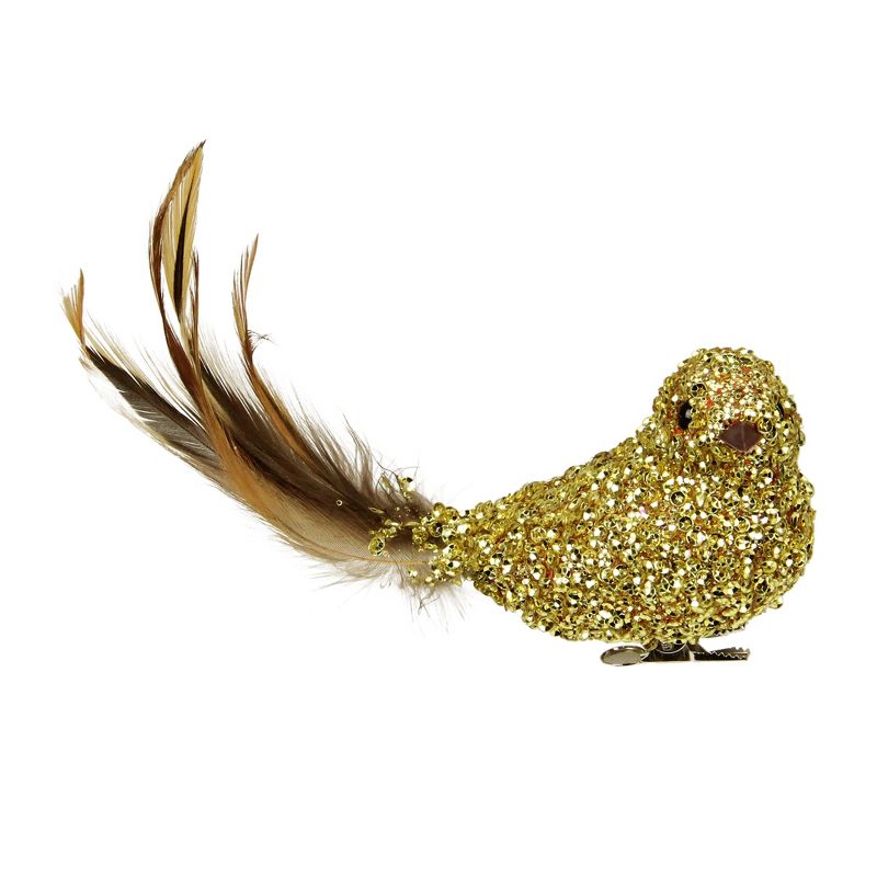 Northlight 6.5" Gold Sequined Bird with Feather Tail Christmas Ornament with Clip, 1 of 6