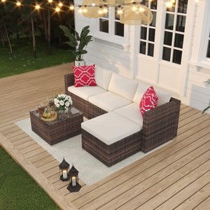 Modular Rattan Patio Sofa Set - All-Weather Wicker Sectional Conversation Set with Ottoman, Glass Table & Detachable Cushions - 1 of 4