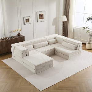 Circle Fleece Compression Mahjong Convertible U-Shaped Sectional Sofas Bed with 1 Ottoman and No Assembly Required - 1 of 4