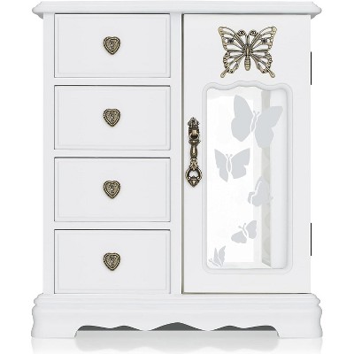 Solid Wooden Jewelry Box Organizer Women Ring Storage with 4-Drawers Built-in Necklace Carousel and Mirror